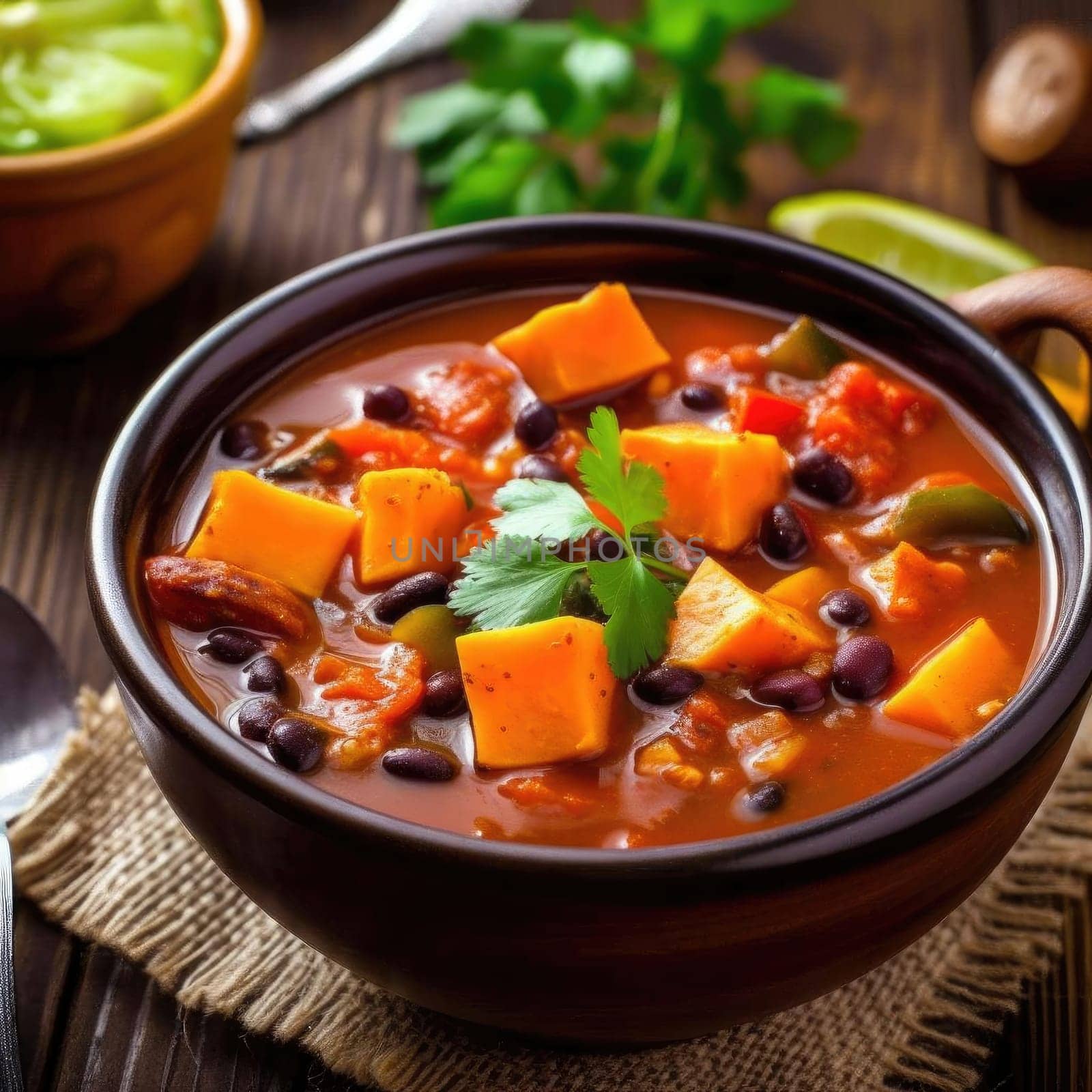 Beef stew with carrots and beans in a bowl (ID: 001448)