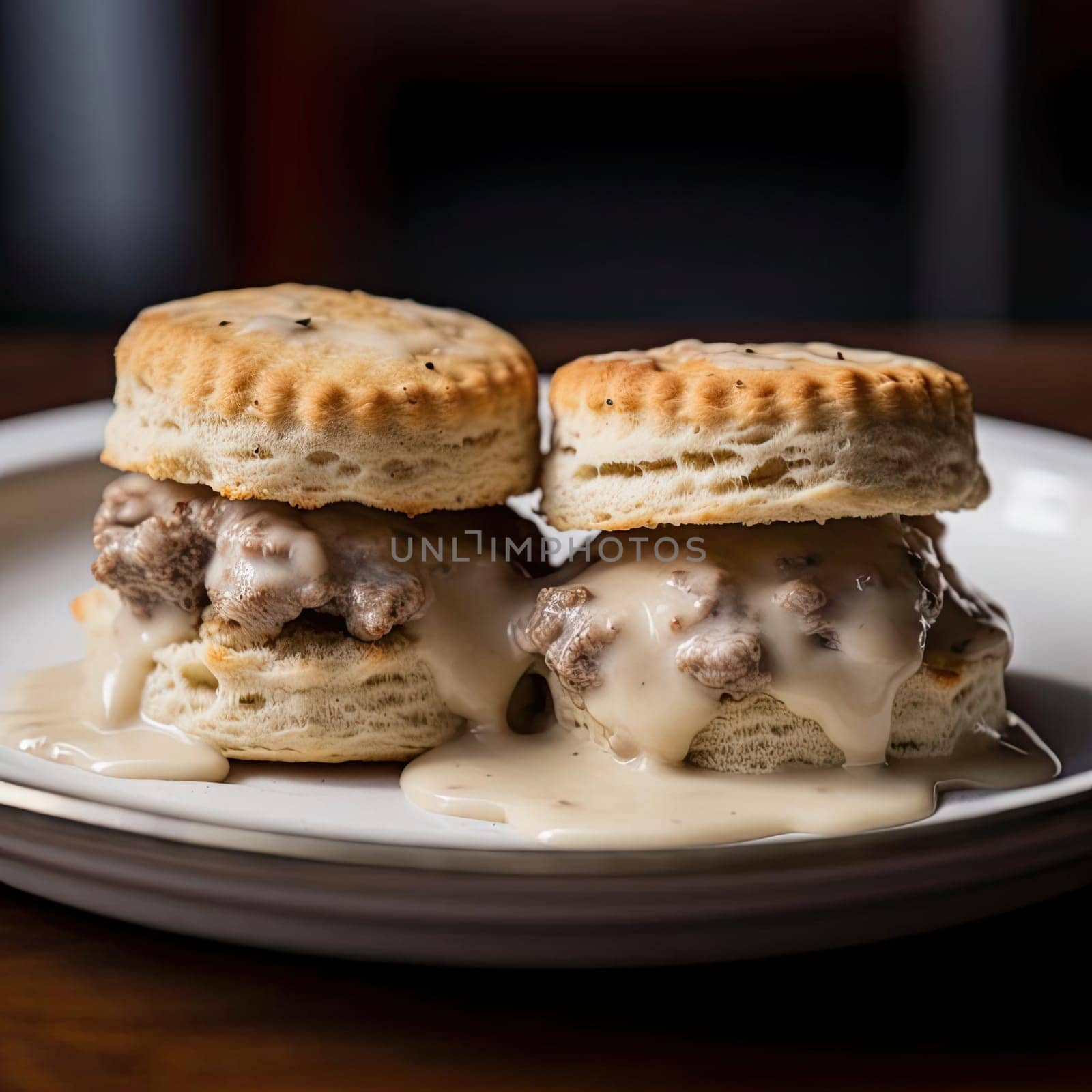 Scones with beef and cream sauce on a white plate (ID: 001450)