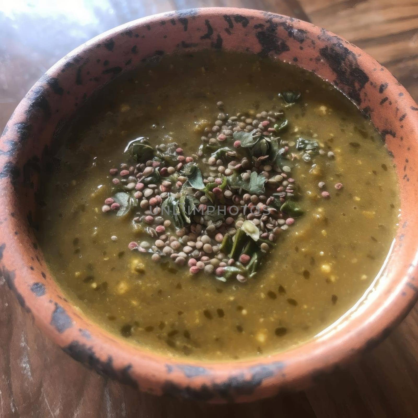 Green lentil soup in a clay bowl on a wooden table (ID: 001451)