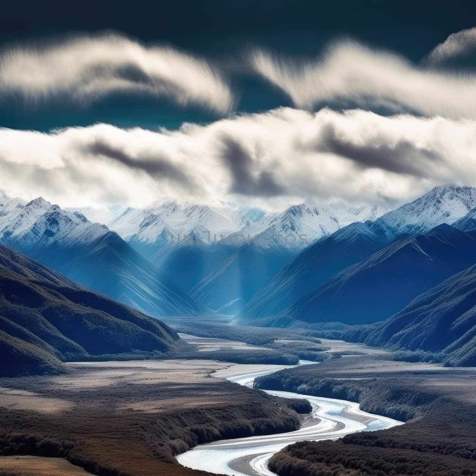 Beautiful mountain landscape with river and clouds (ID: 001462)