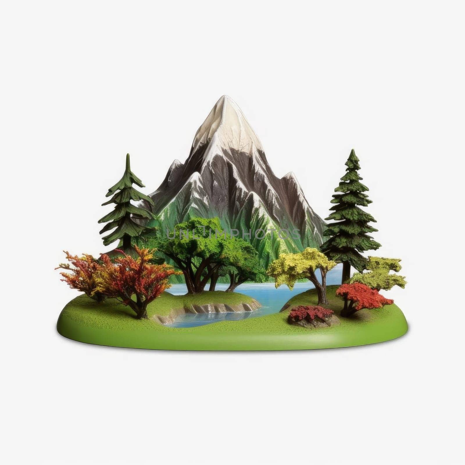 Mountain and lake with pine trees and pines on white background (ID: 001477)
