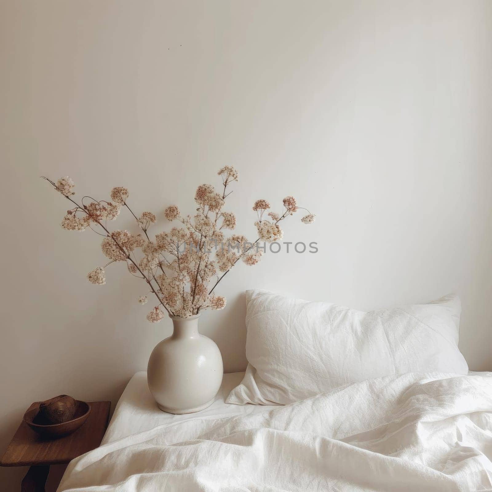 White flowers in vase on the bed - minimal style (ID: 001480)