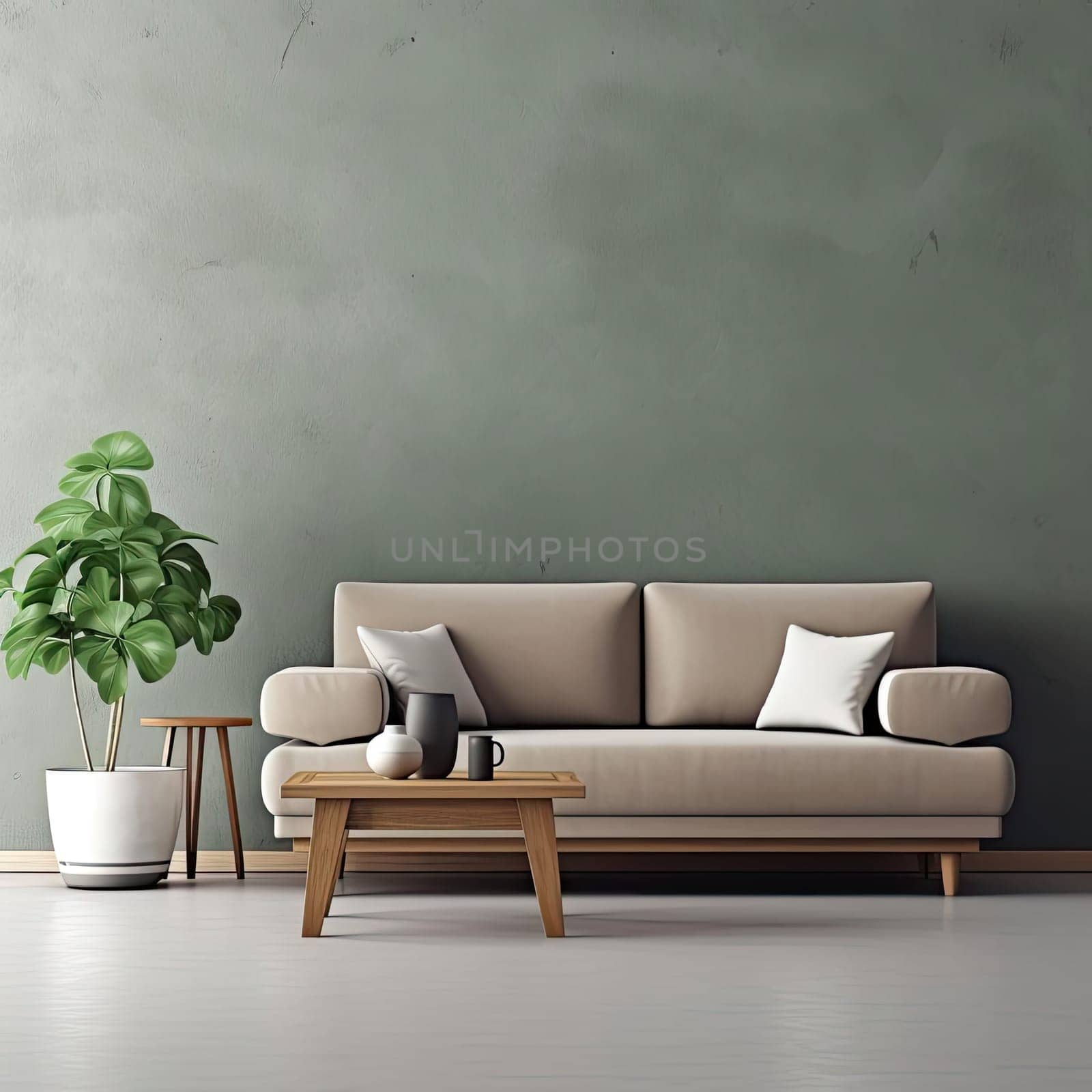 Interior of modern living room with beige sofa, coffee table and plant by eduardobellotto
