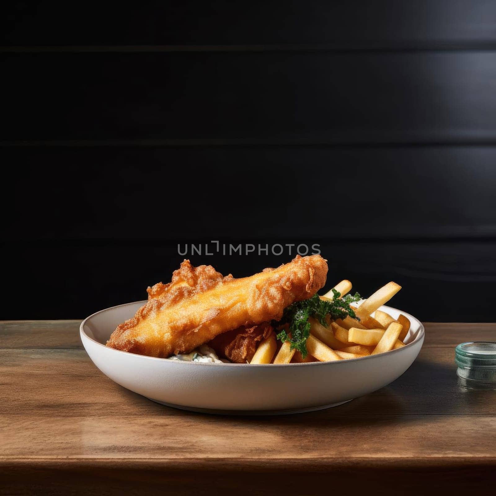 Fish and chips in a plate on a wooden table - dark background (ID: 001496)