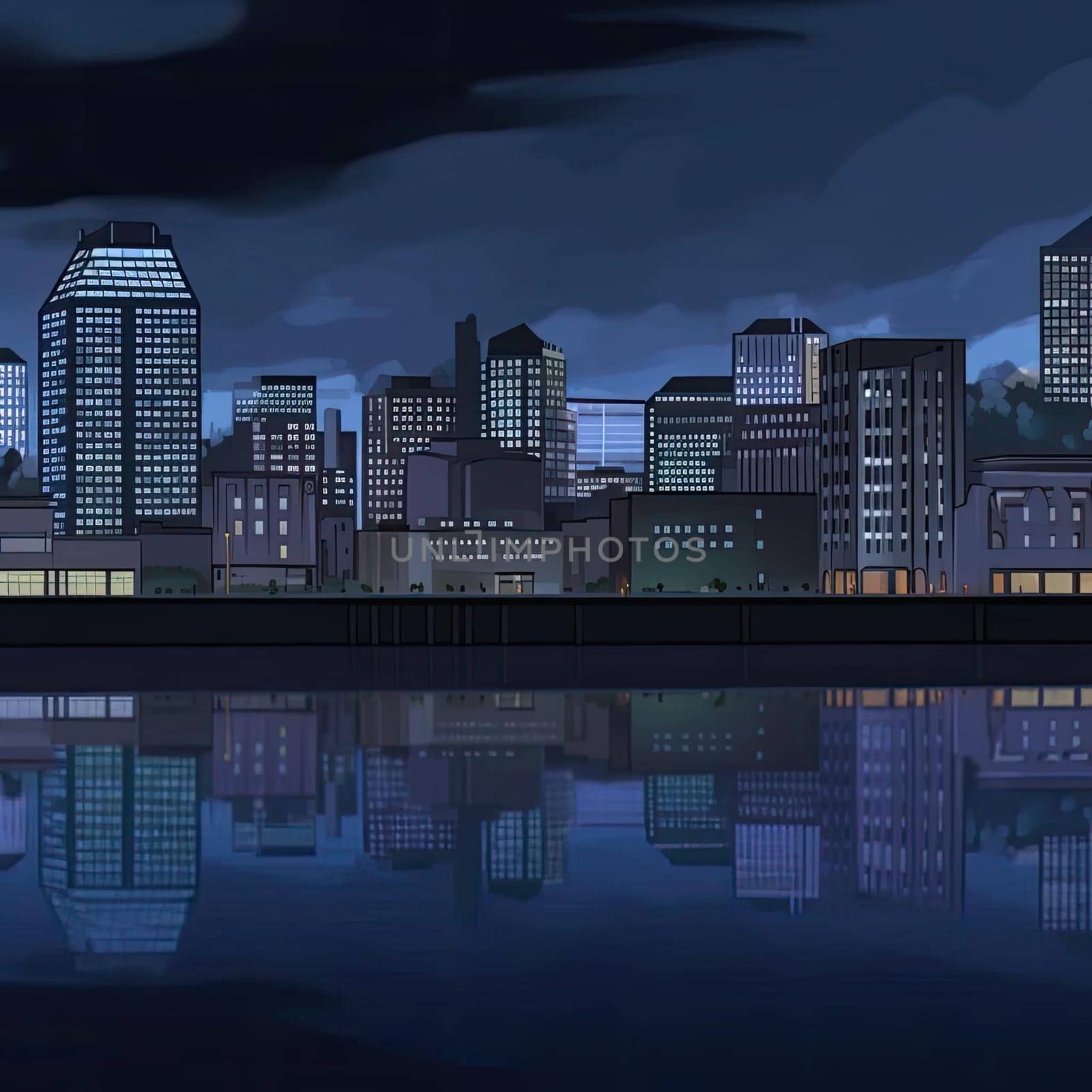 Cityscape at night with reflection on the water - vector illustration (ID: 001508)