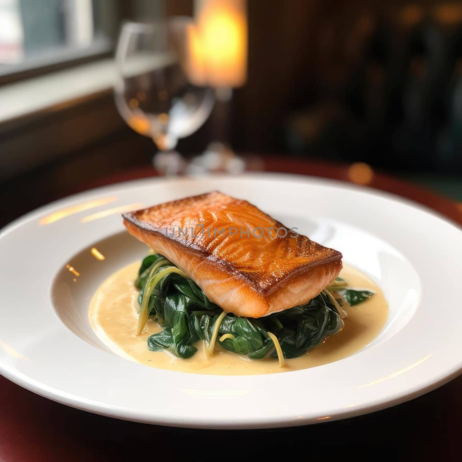Salmon fillet with spinach on a white plate in a restaurant (ID: 001511)