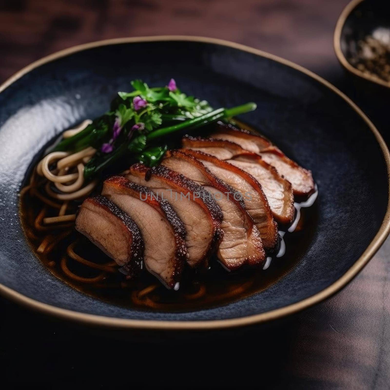 Japanese ramen noodle with roast duck on dark wooden background (ID: 001519)