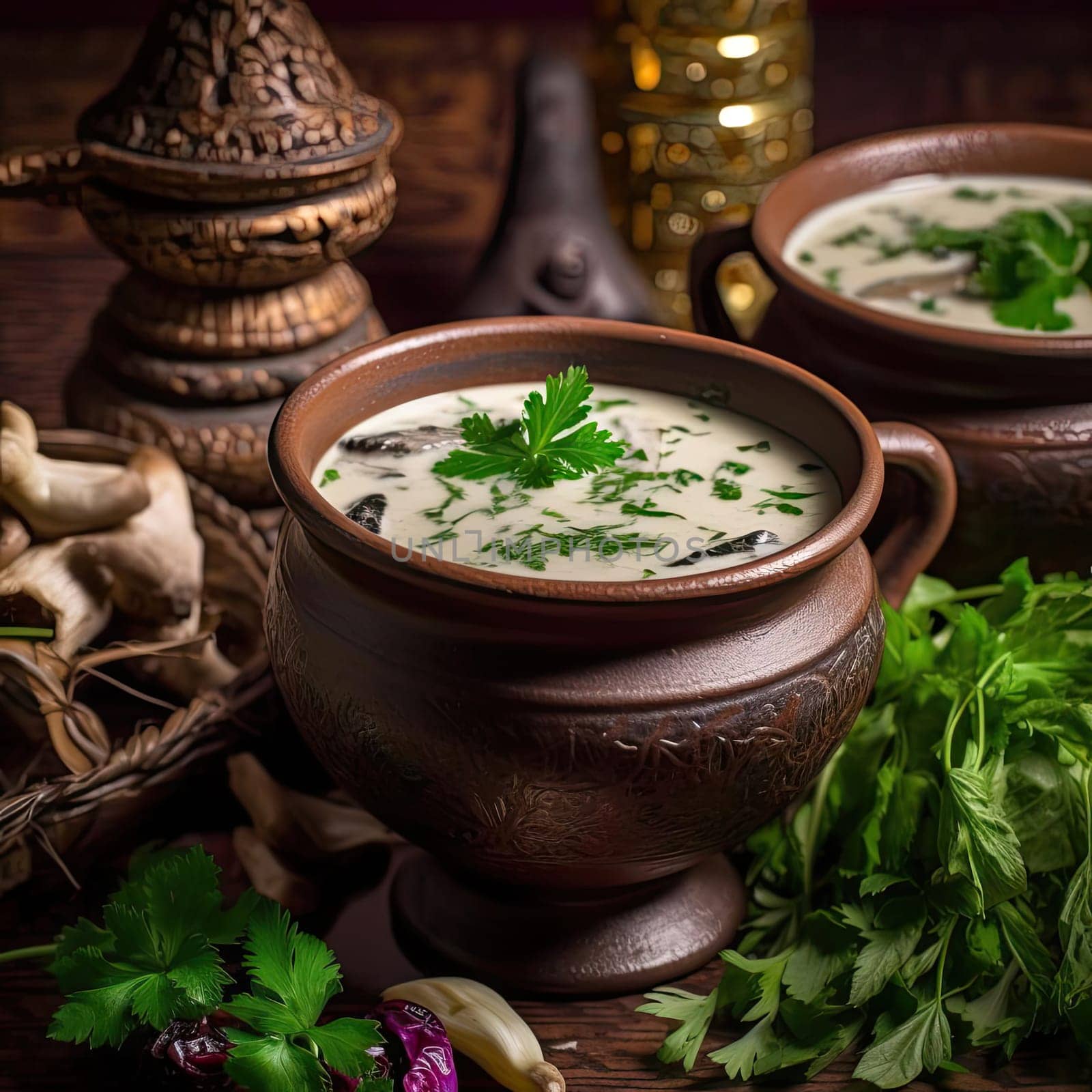 Mushroom soup with cream and parsley in a clay pot (ID: 001530)