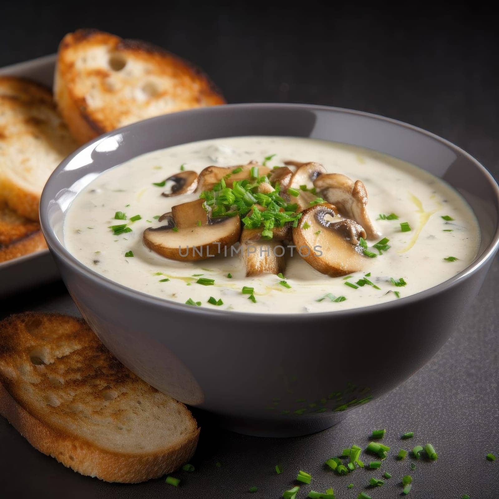 Creamy mushroom soup in a bowl with toasted baguette (ID: 001531)