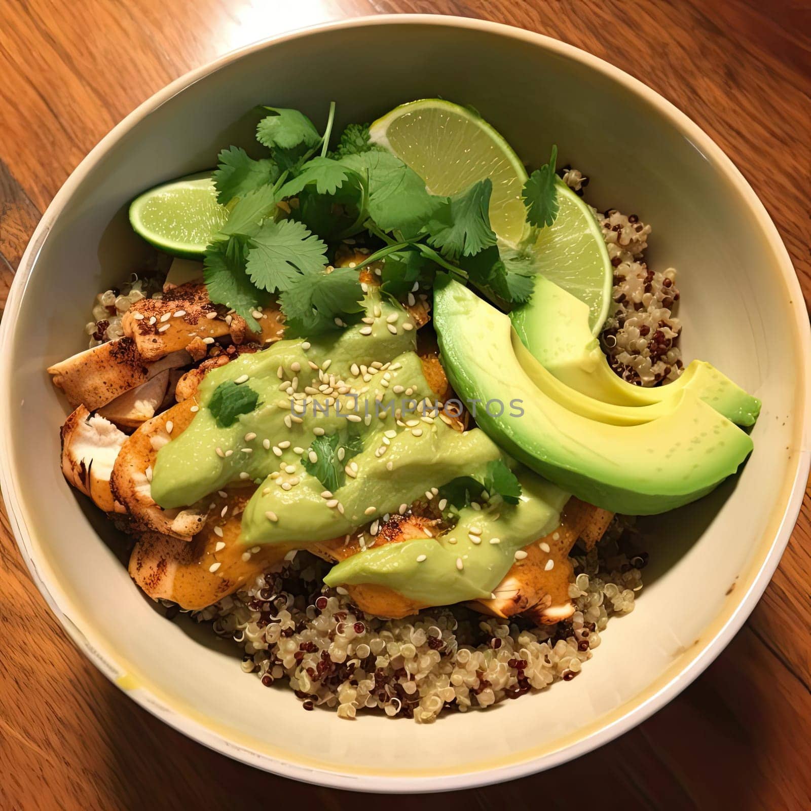 Buddha bowl with quinoa, avocado, chicken, and cilantro (ID: 001541)