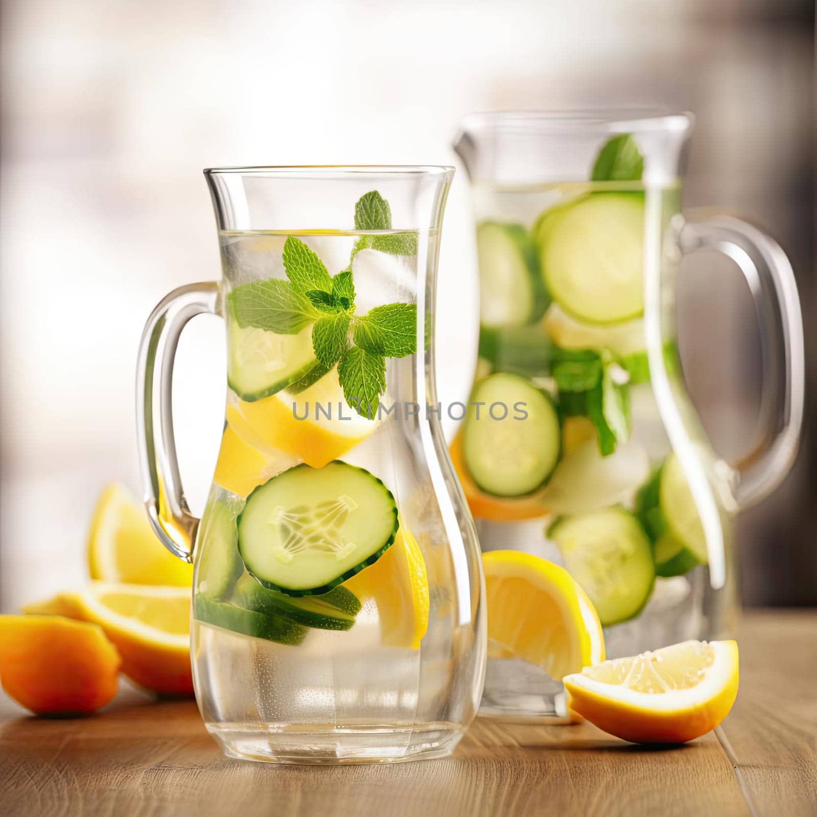 Refreshing lemonade with cucumber, lemon, and mint in a jug (ID: 001544)