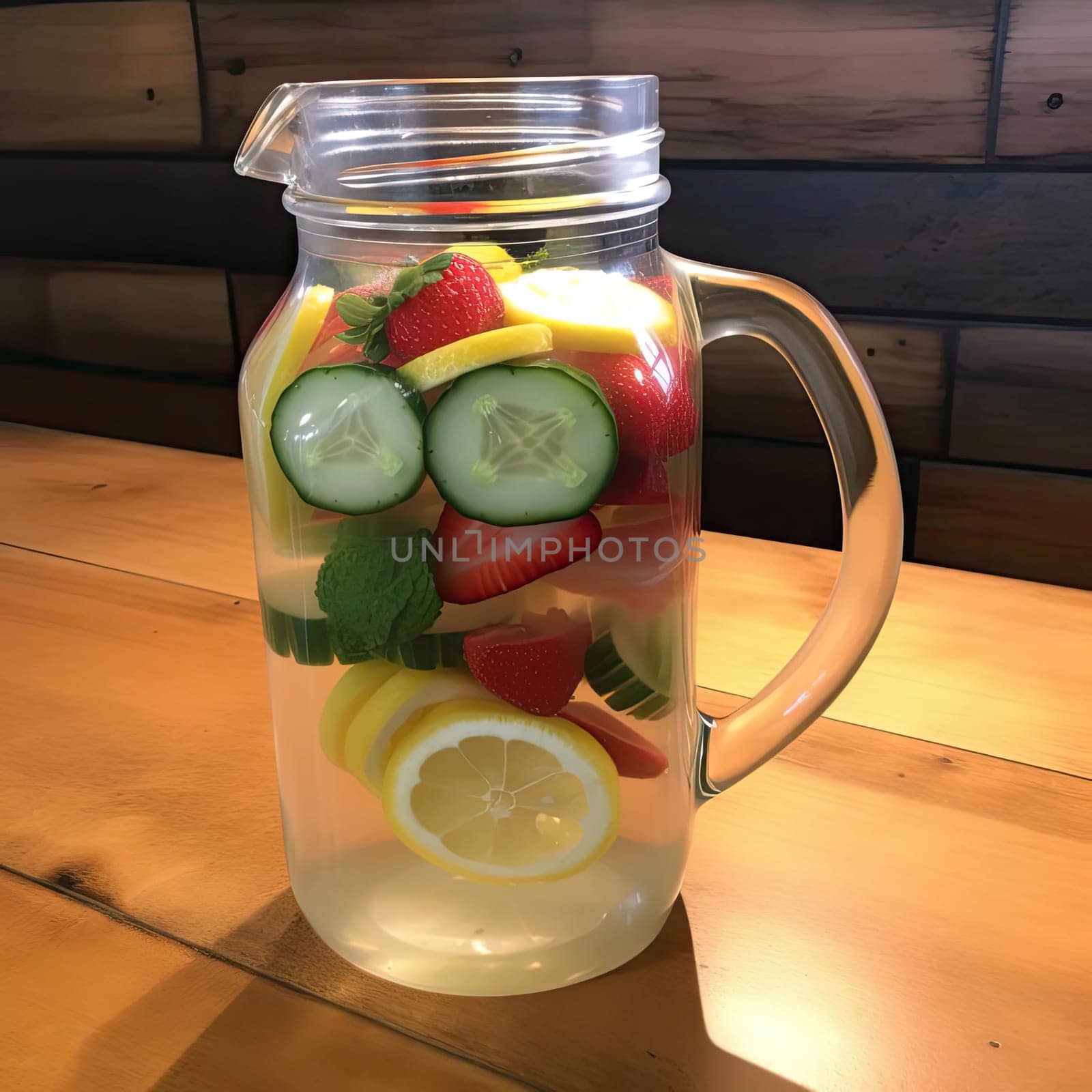 Detox water with fruits and vegetables in a jar on a wooden table (ID: 001546)