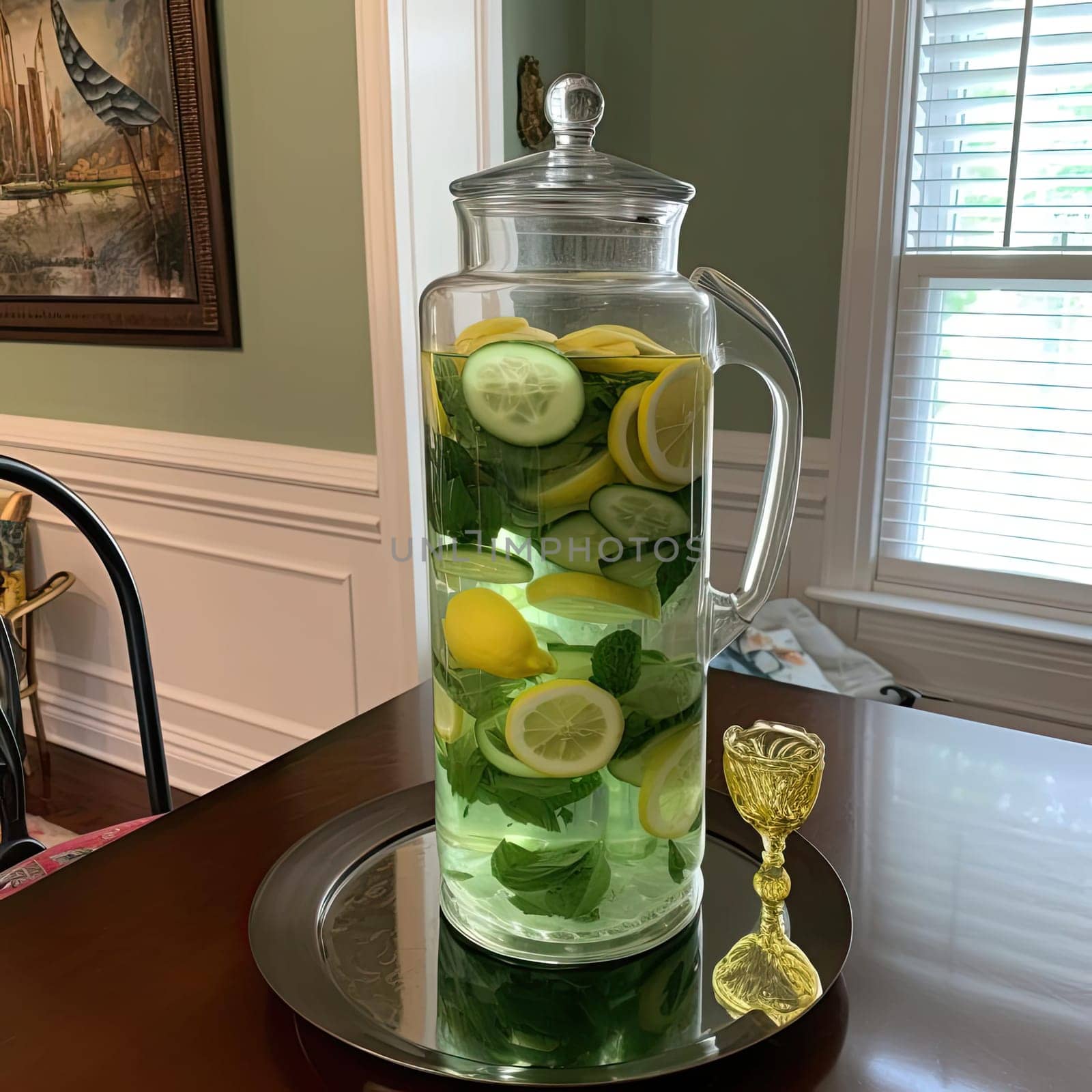 Lemonade with cucumber, lemon, and mint in a glass jug (ID: 001550)
