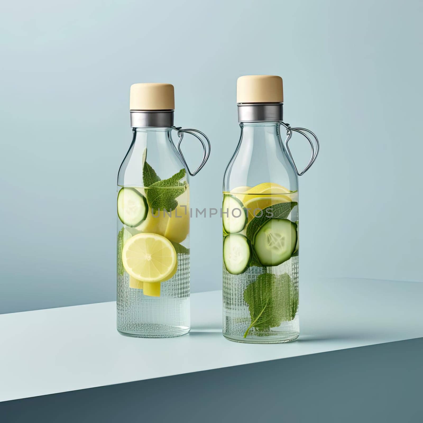 Two bottles of water with cucumber, lemon, and mint on blue background (ID: 001551)