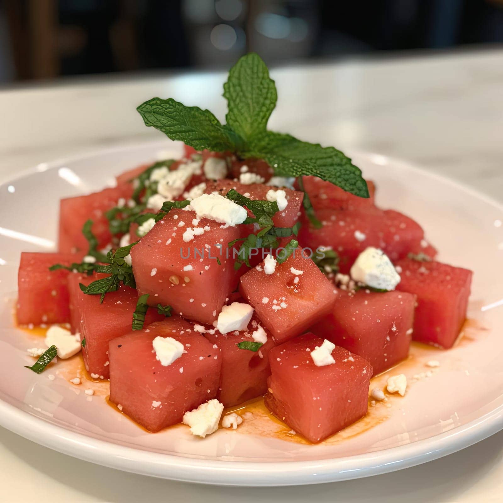 Watermelon salad with feta cheese and mint on a white plate (ID: 001554)