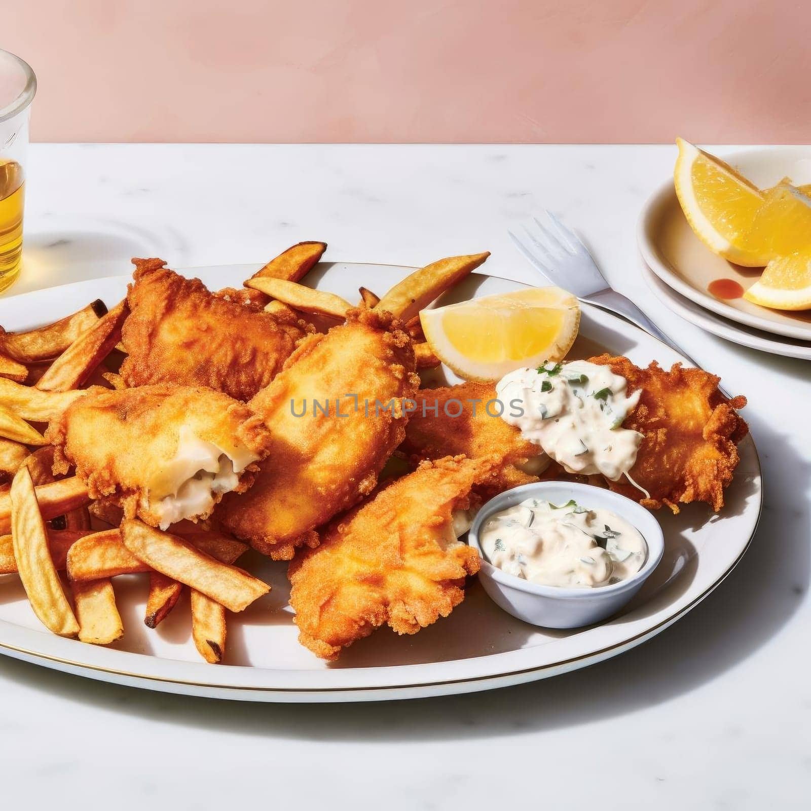 Fish and chips with lemon and tartar sauce on white marble table (ID: 001565)
