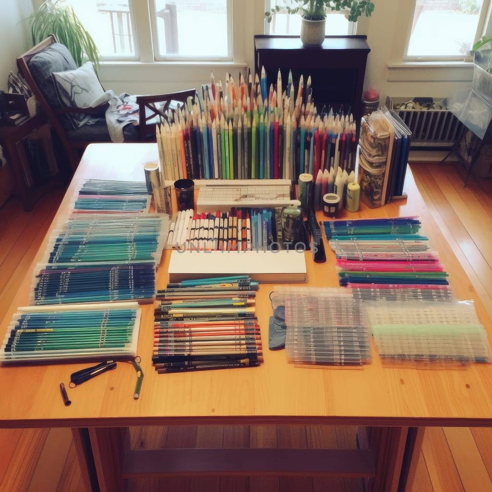 Drawing and painting tools on a wooden table in a home studio (ID: 001568)
