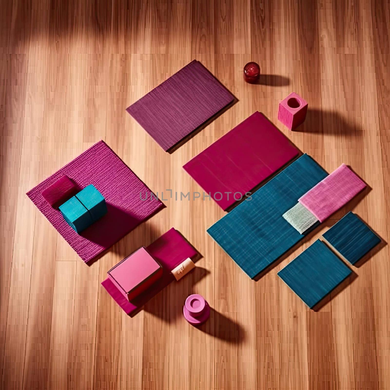Colorful yoga mats on a wooden floor in a fitness studio (ID: 001570)