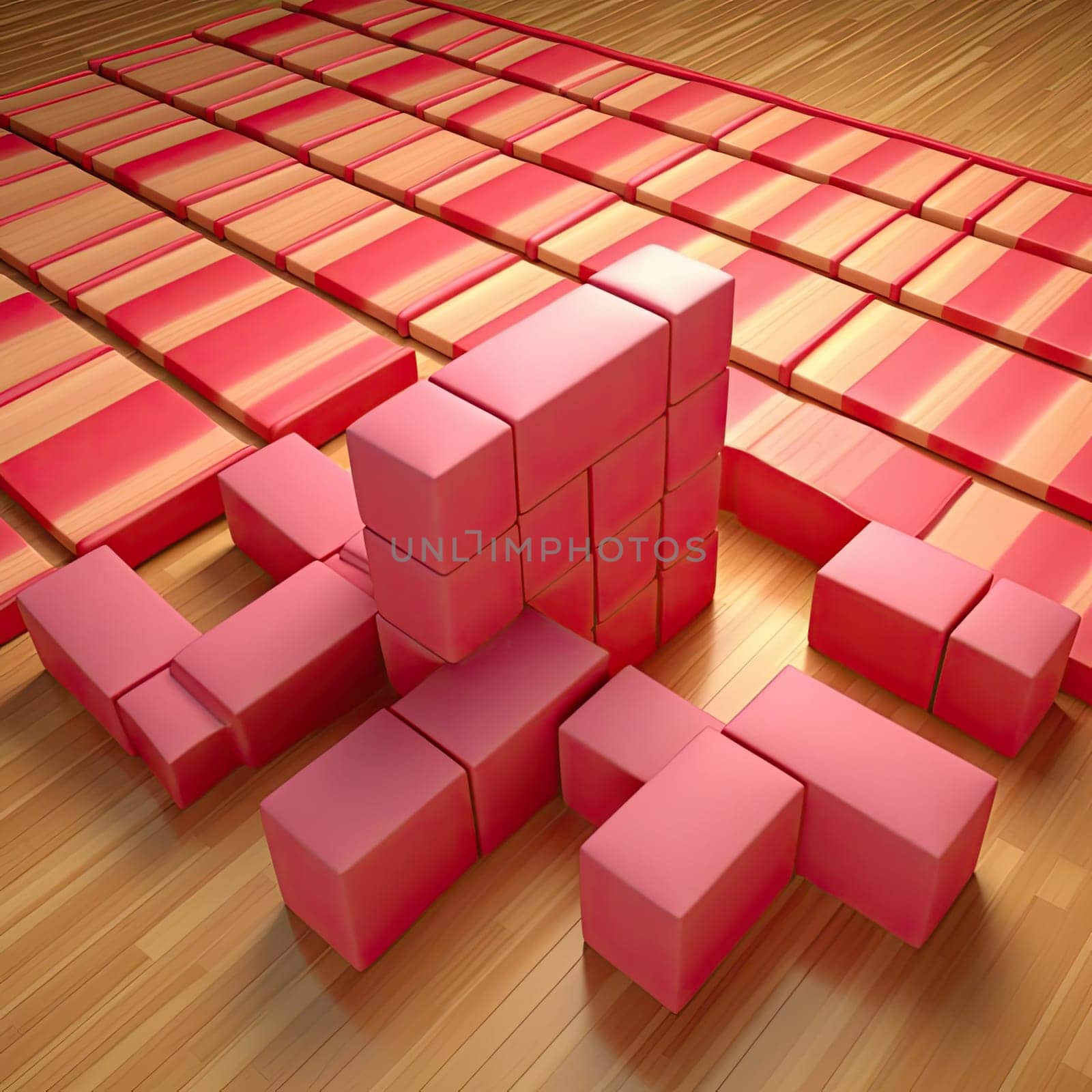 Red cubes on wooden floor - 3D illustration - perspective view (ID: 001571)