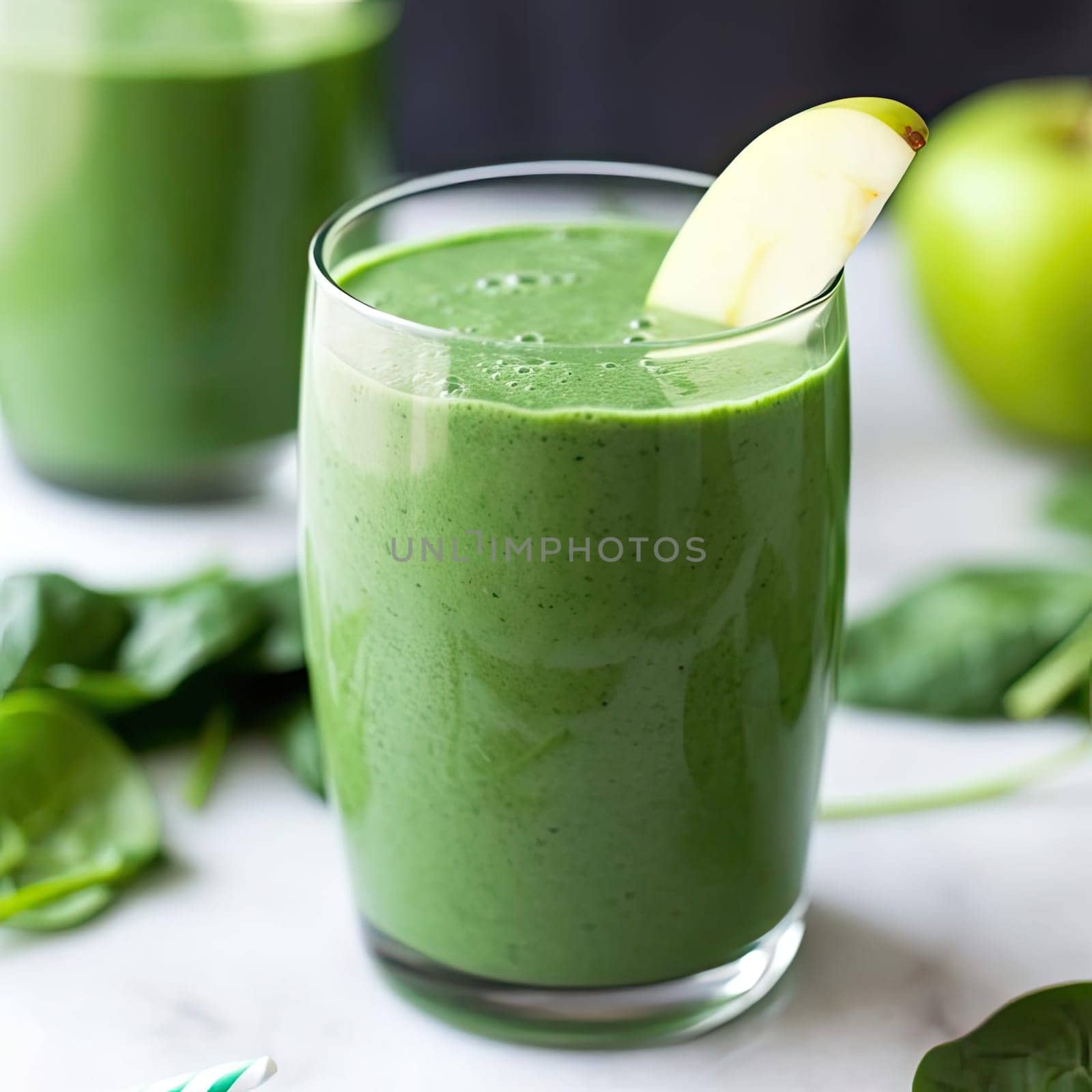 Healthy green smoothie with apple and spinach, selective focus (ID: 001582)
