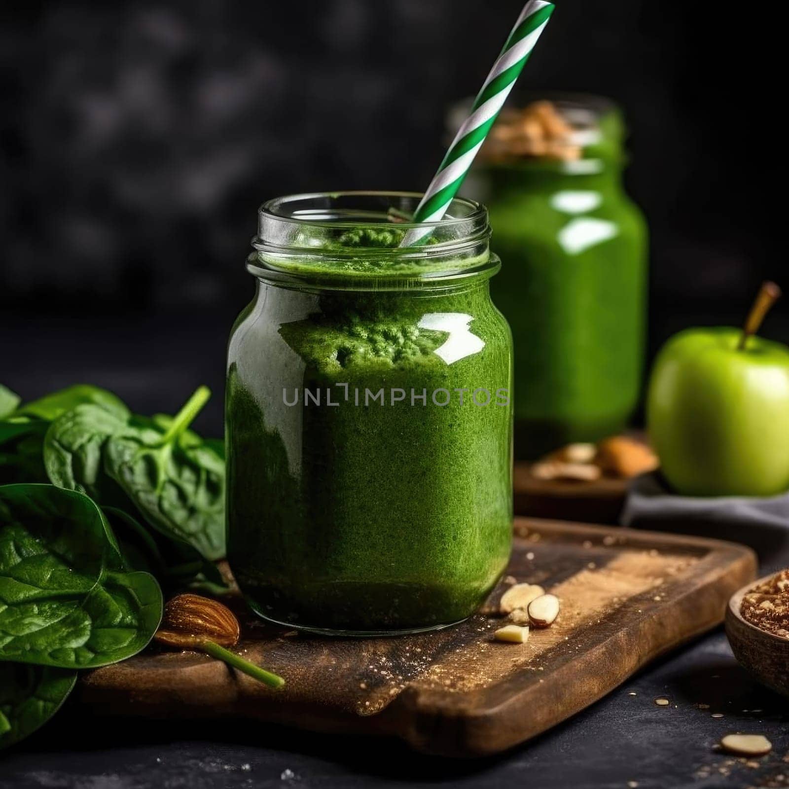 Healthy green smoothie with spinach, apple, and nuts in glass jar on dark background (ID: 001583)