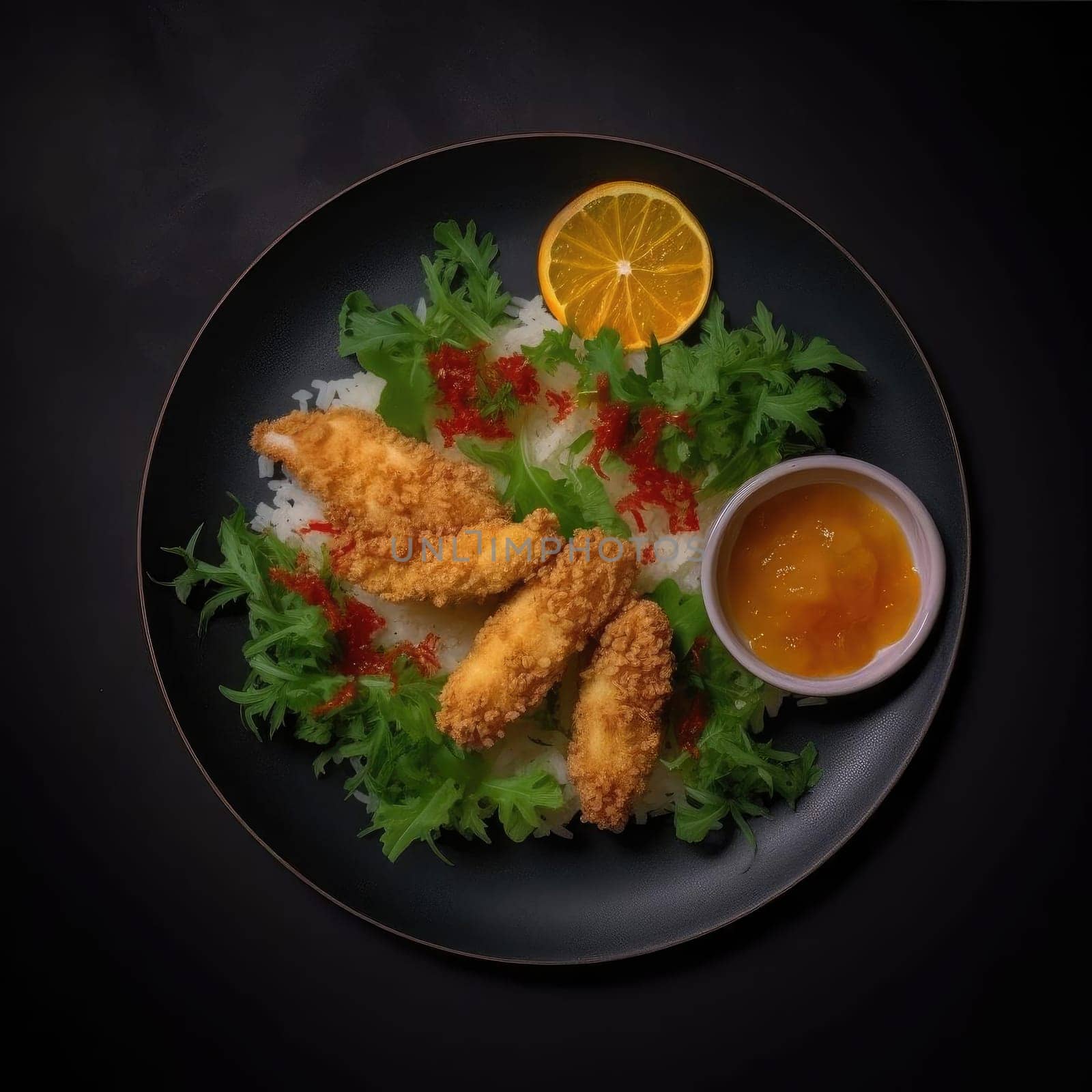 Fried chicken with rice and orange sauce on a black background (ID: 001584)