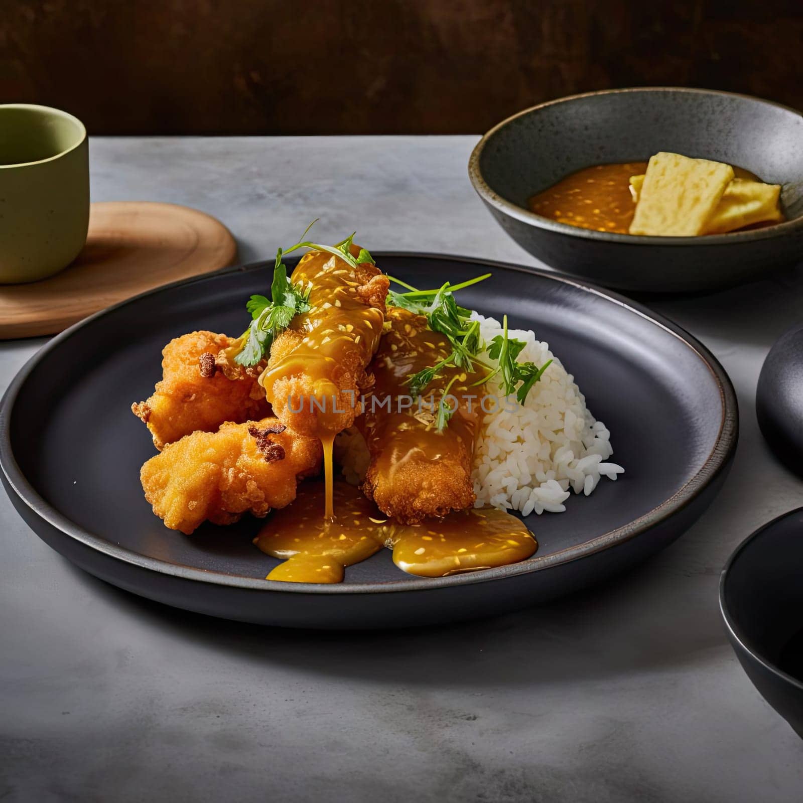 Fried chicken with sweet sauce and rice on a dark background (ID: 001586)