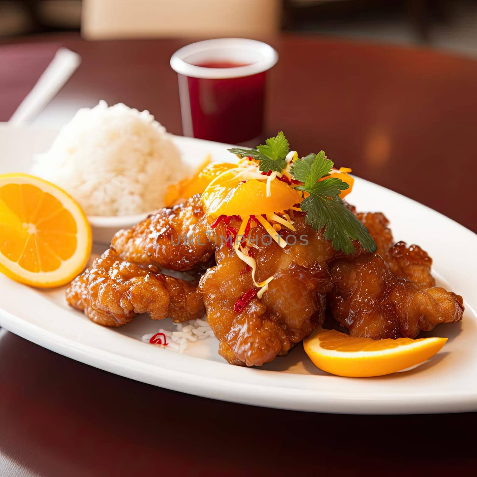 Chicken teriyaki with rice and orange on white plate (ID: 001587)