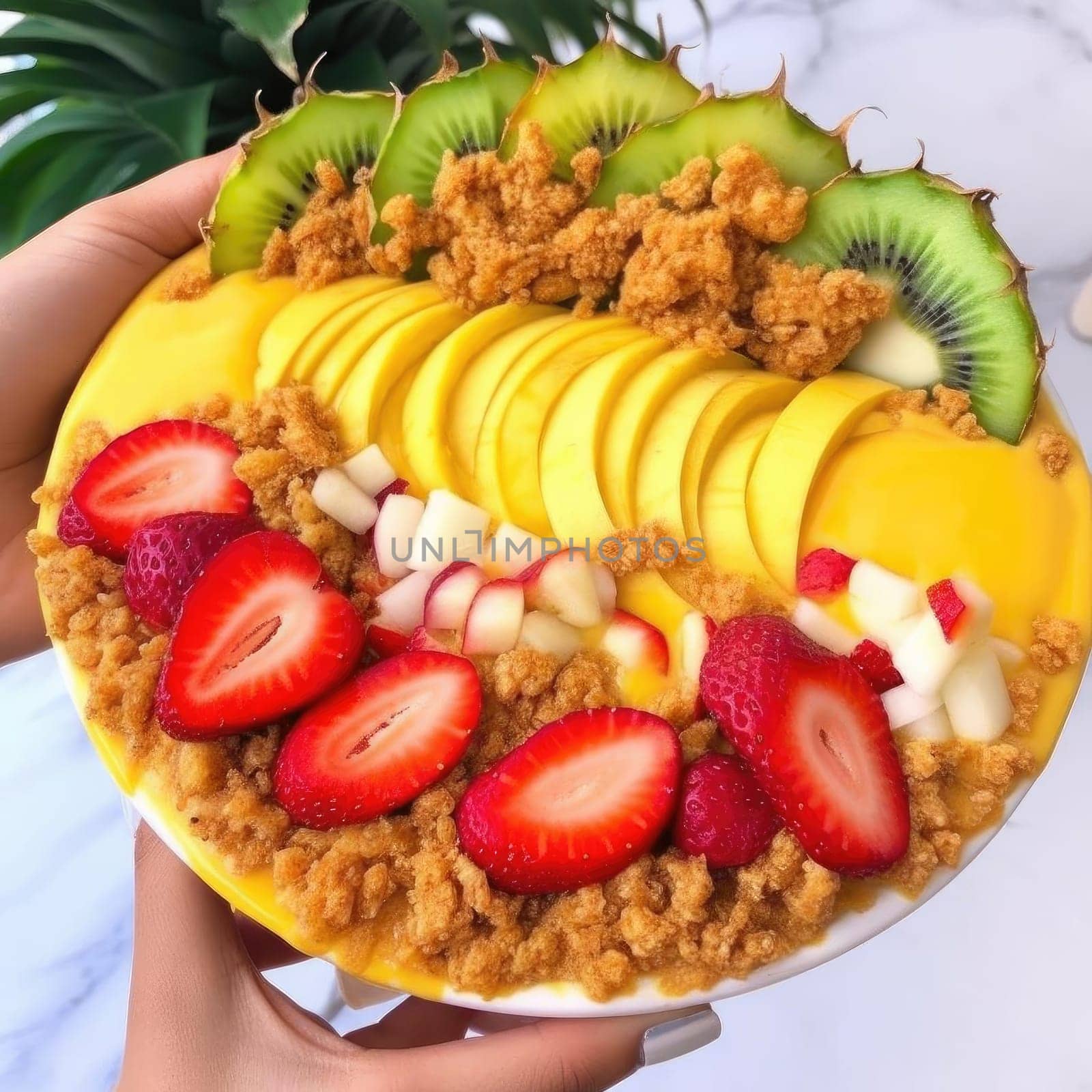 Healthy breakfast with oat granola and fresh fruits in the hands (ID: 001590)