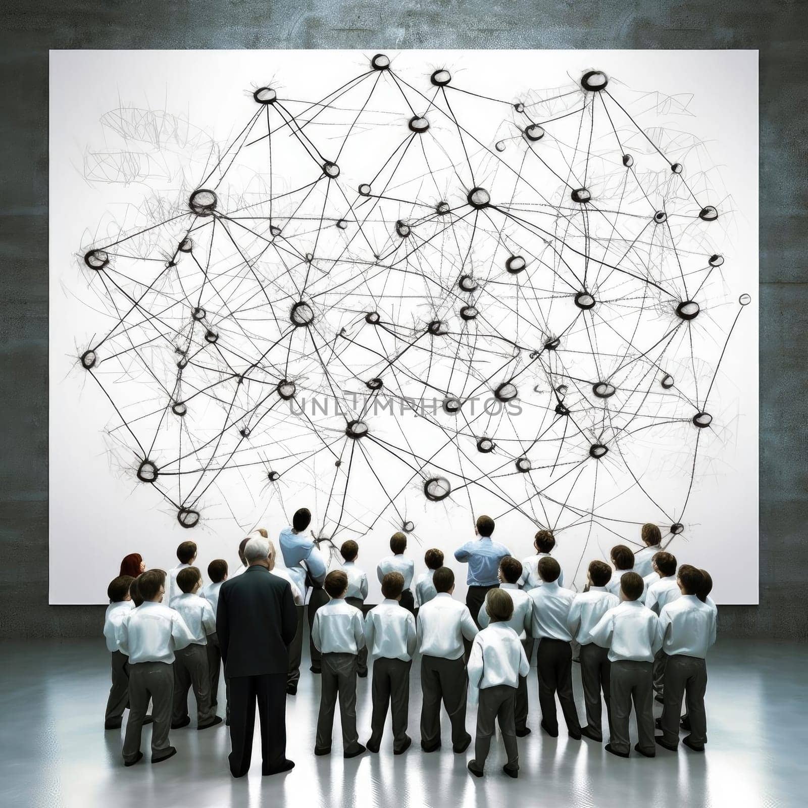 Business people in a meeting with social network structure on a whiteboard (ID: 001595)