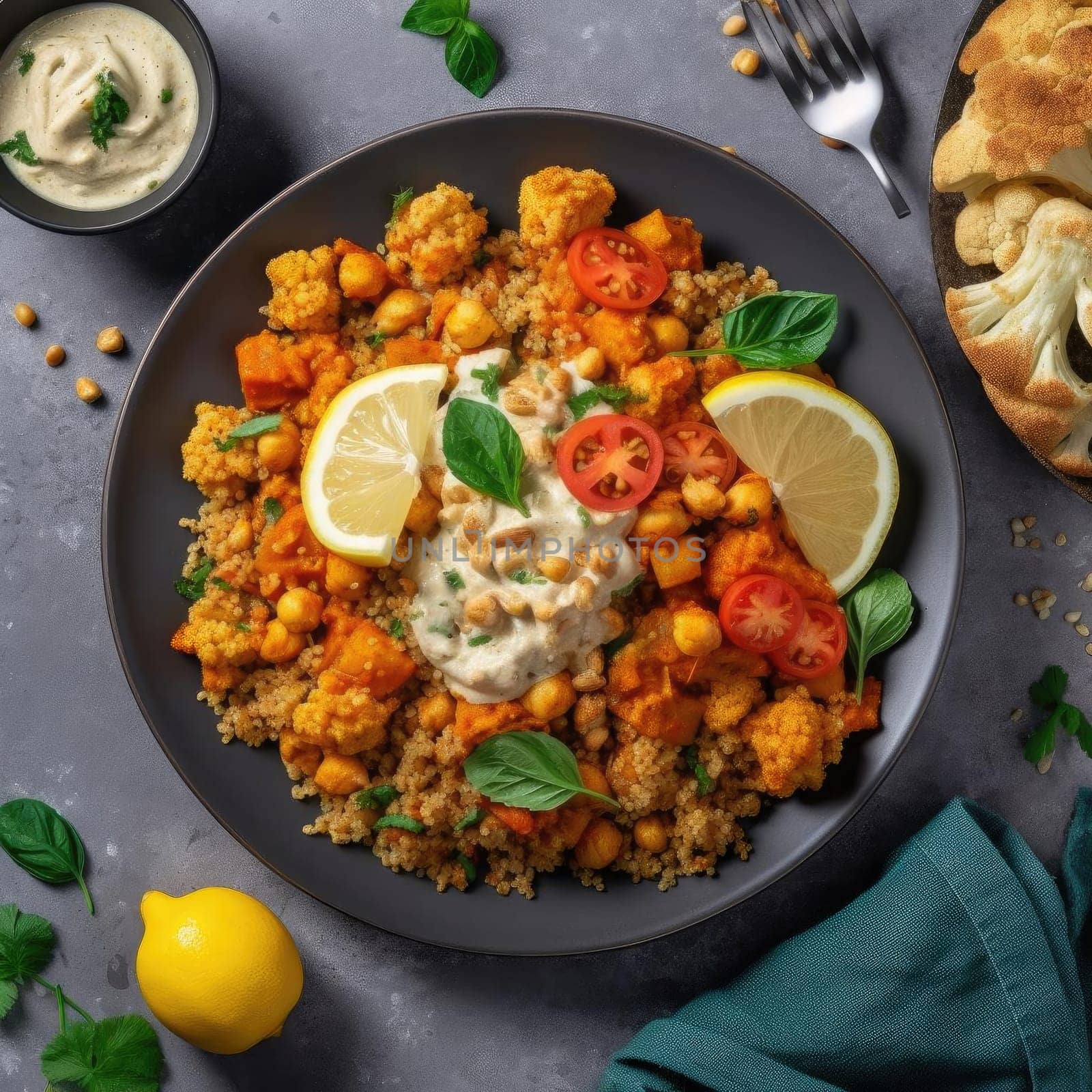 Couscous with chickpeas and vegetables in a plate - top view (ID: 001602)