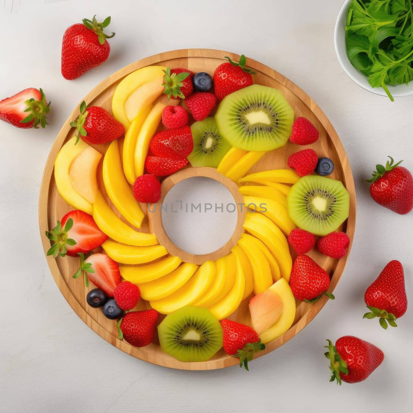 Fruit salad in a round wooden plate - top view, flat lay (ID: 001608)