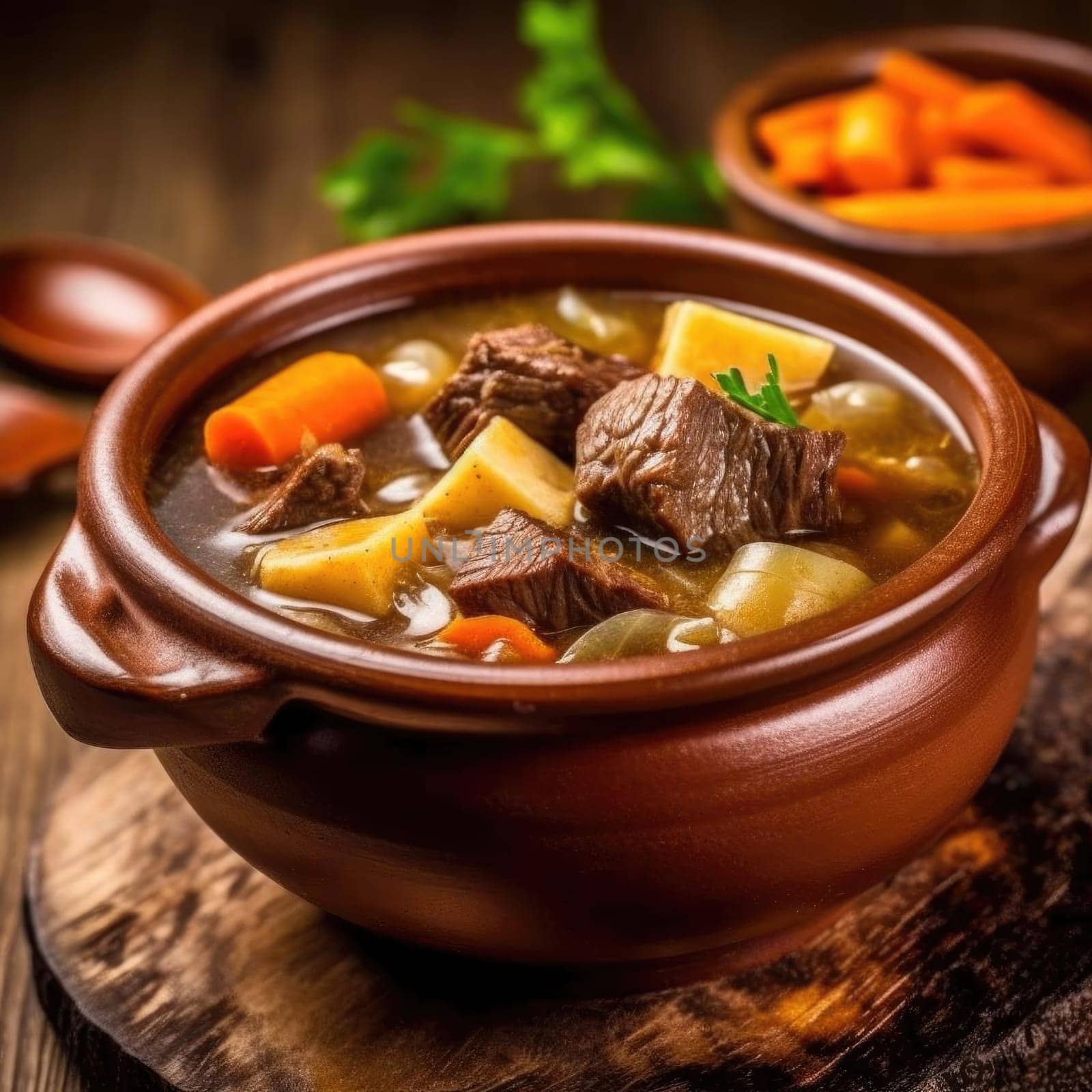 Beef stew with carrot and potato in clay pot on wooden background (ID: 001617)