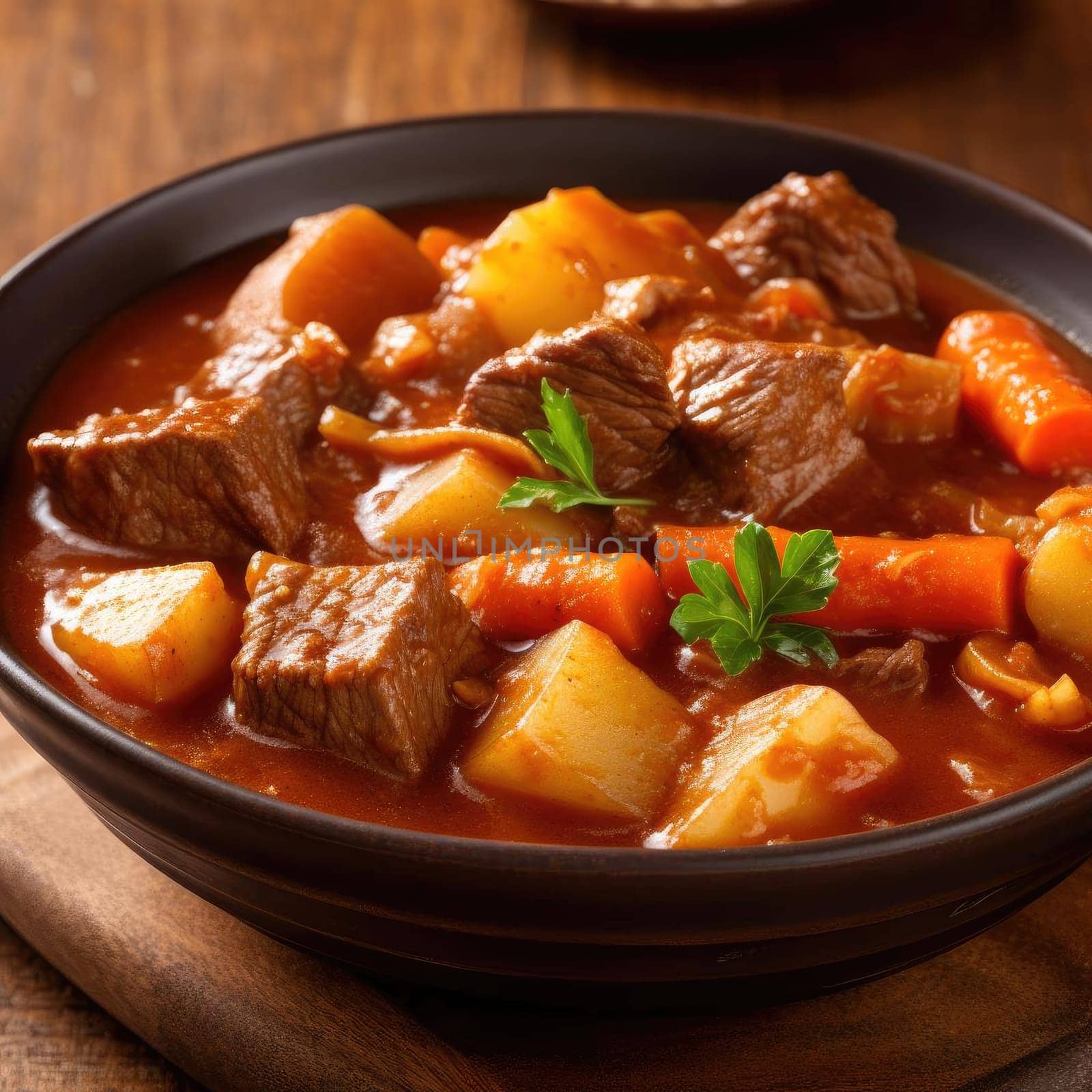 Beef stew with carrot and potato in a bowl on wooden background (ID: 001618)