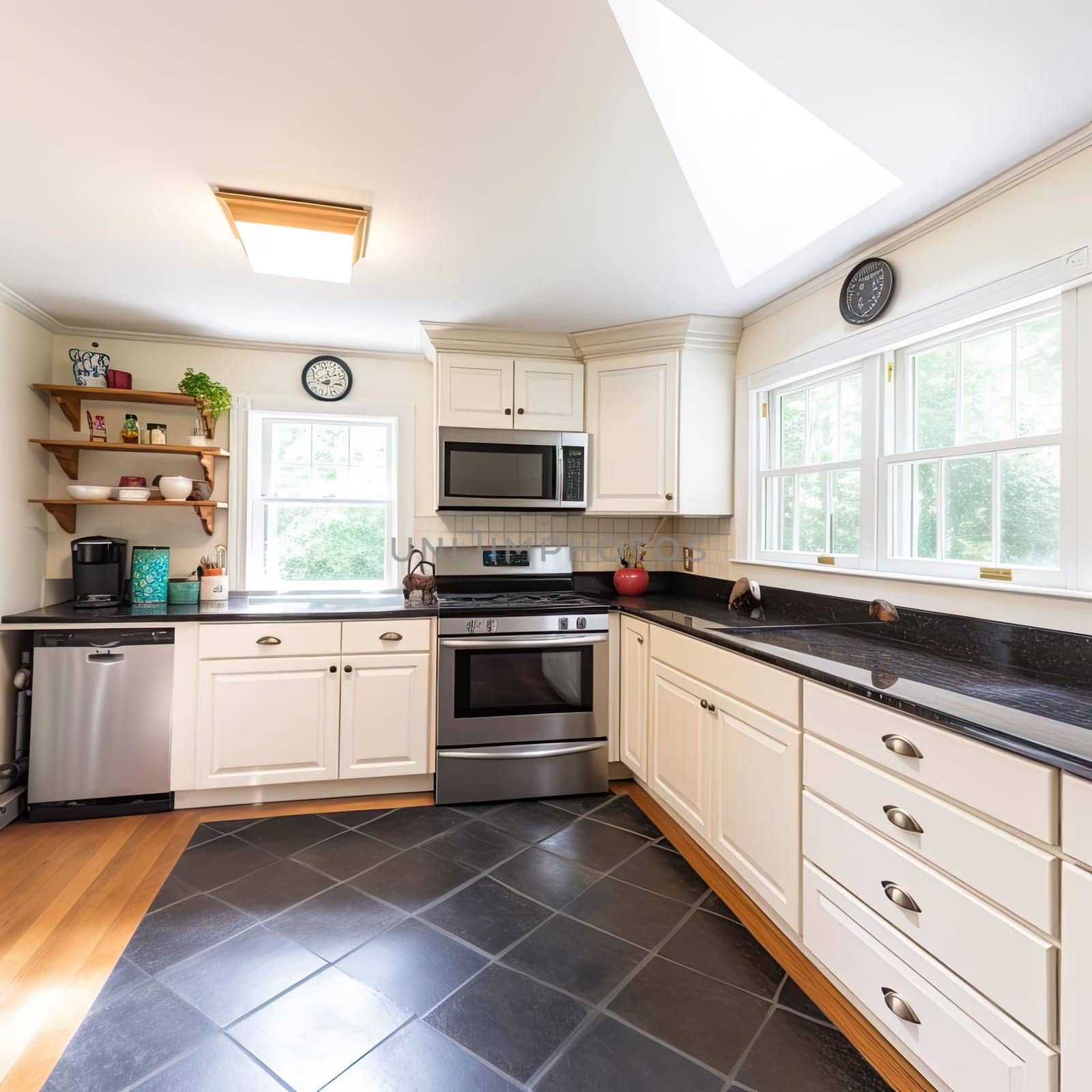 Kitchen with white cabinets and black granite top (ID: 001624)