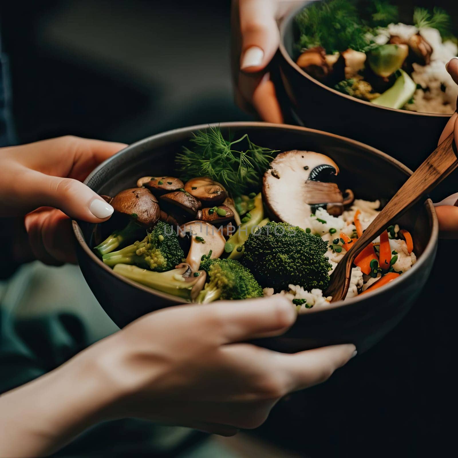 Close up of woman hands holding a bowl with healthy vegetarian salad (ID: 001630)
