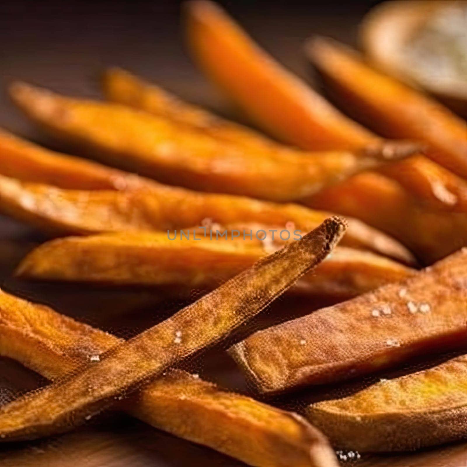 Fried sweet potato wedges on wooden board, selective focus (ID: 001643)