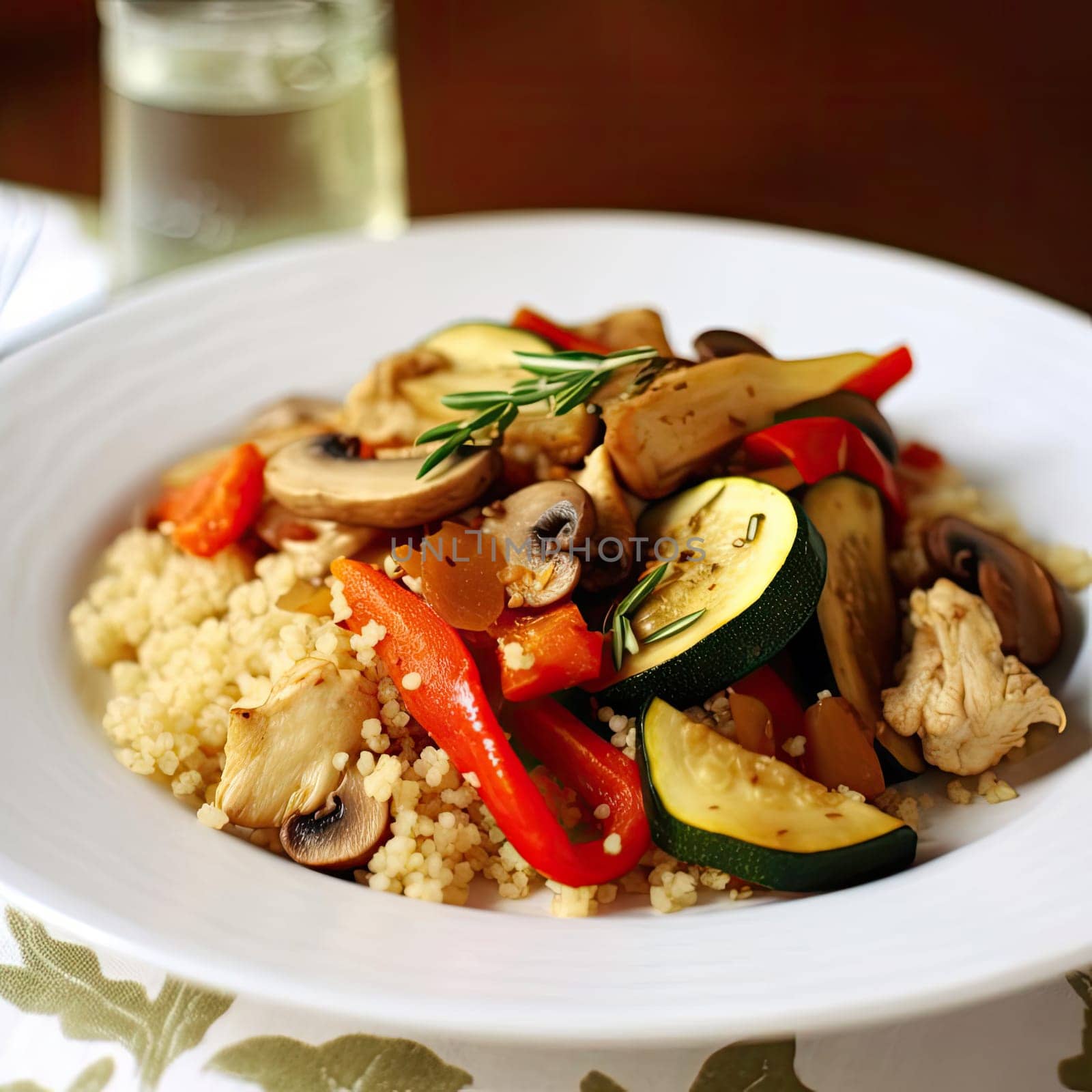 Couscous with vegetables and chicken on a white plate (ID: 001648)