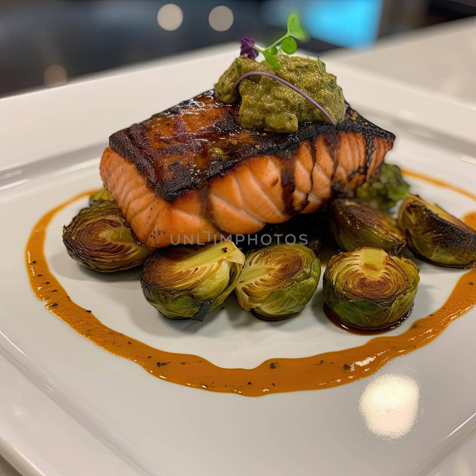 Salmon steak with brussels sprouts on a white plate (ID: 001652)