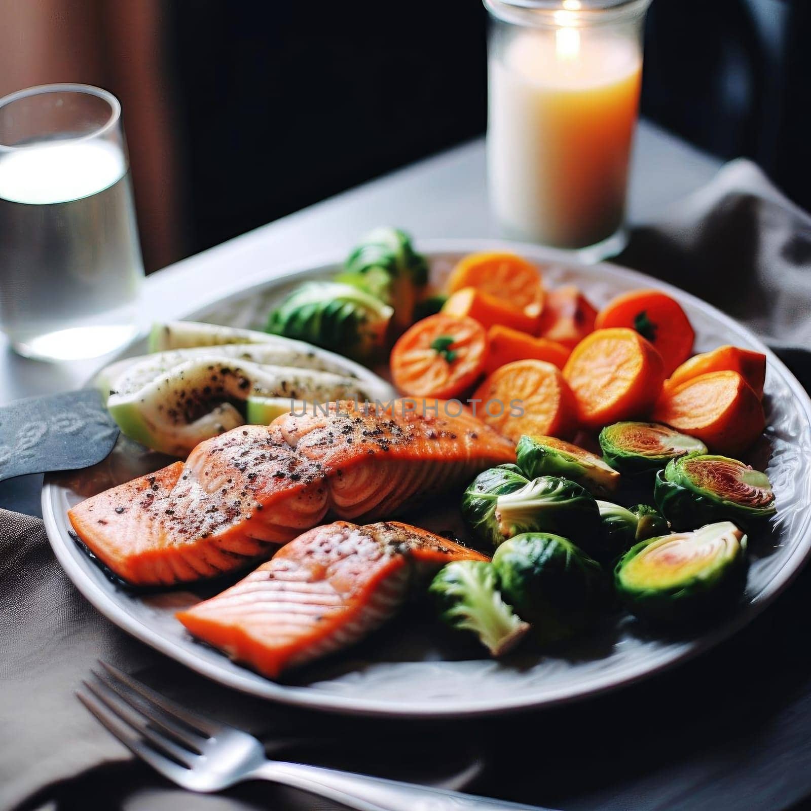 Fried salmon fillet with brussels sprouts and carrots - selective focus (ID: 001653)