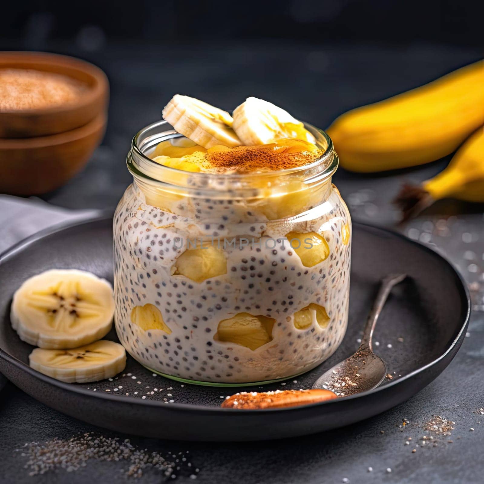 Chia seed pudding with banana in a glass jar (ID: 001657)
