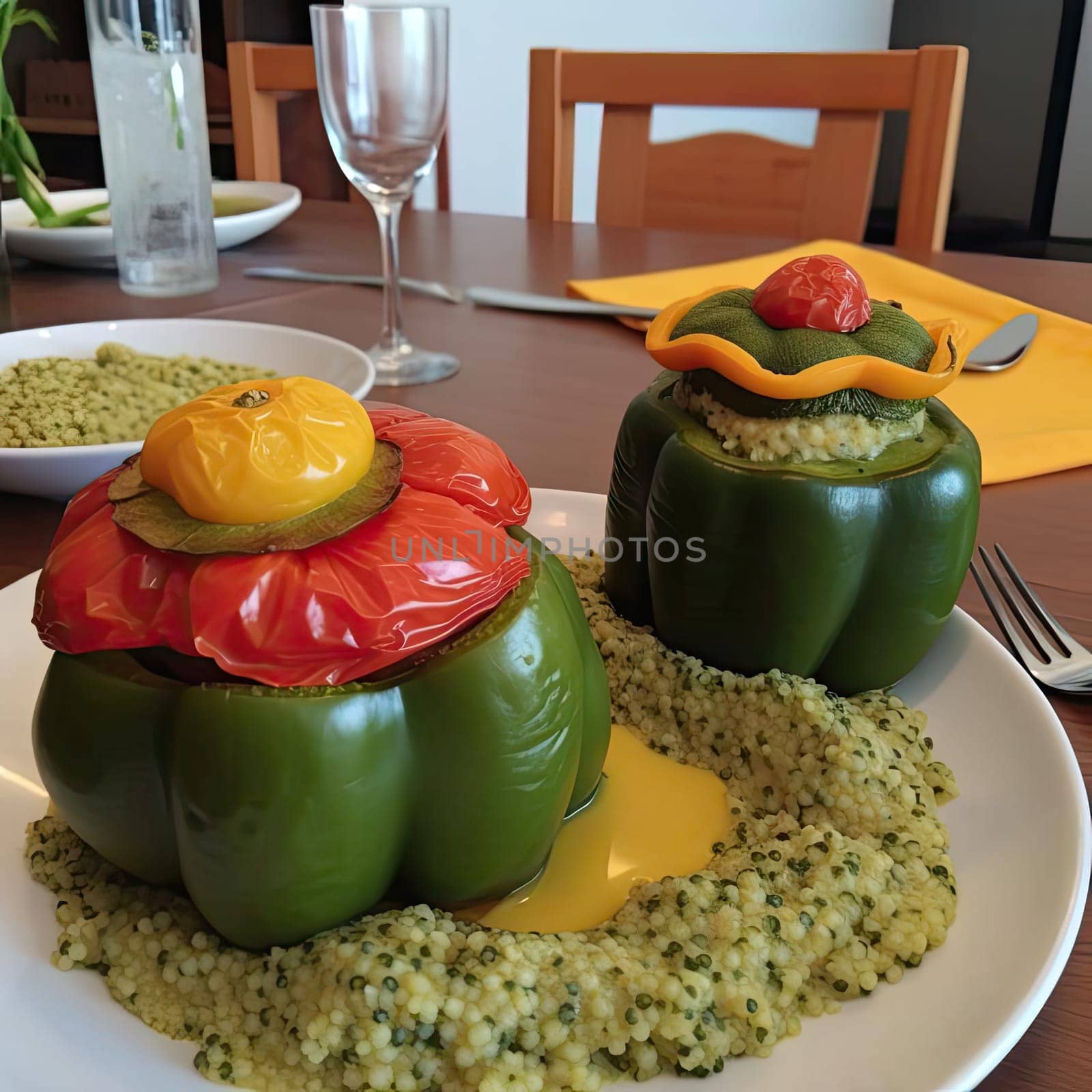 Stuffed bell pepper with couscous on a white plate (ID: 001659)