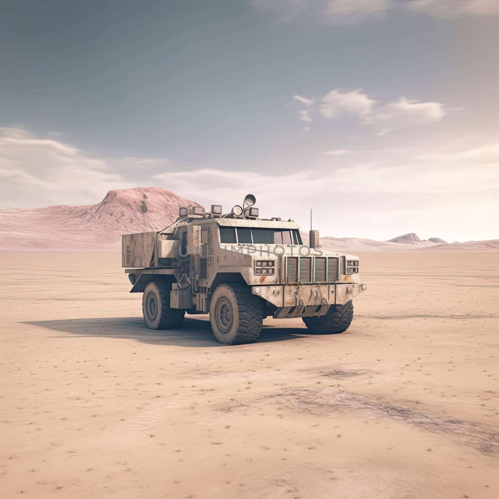 A military vehicle in the desert at sunset (ID: 001666)
