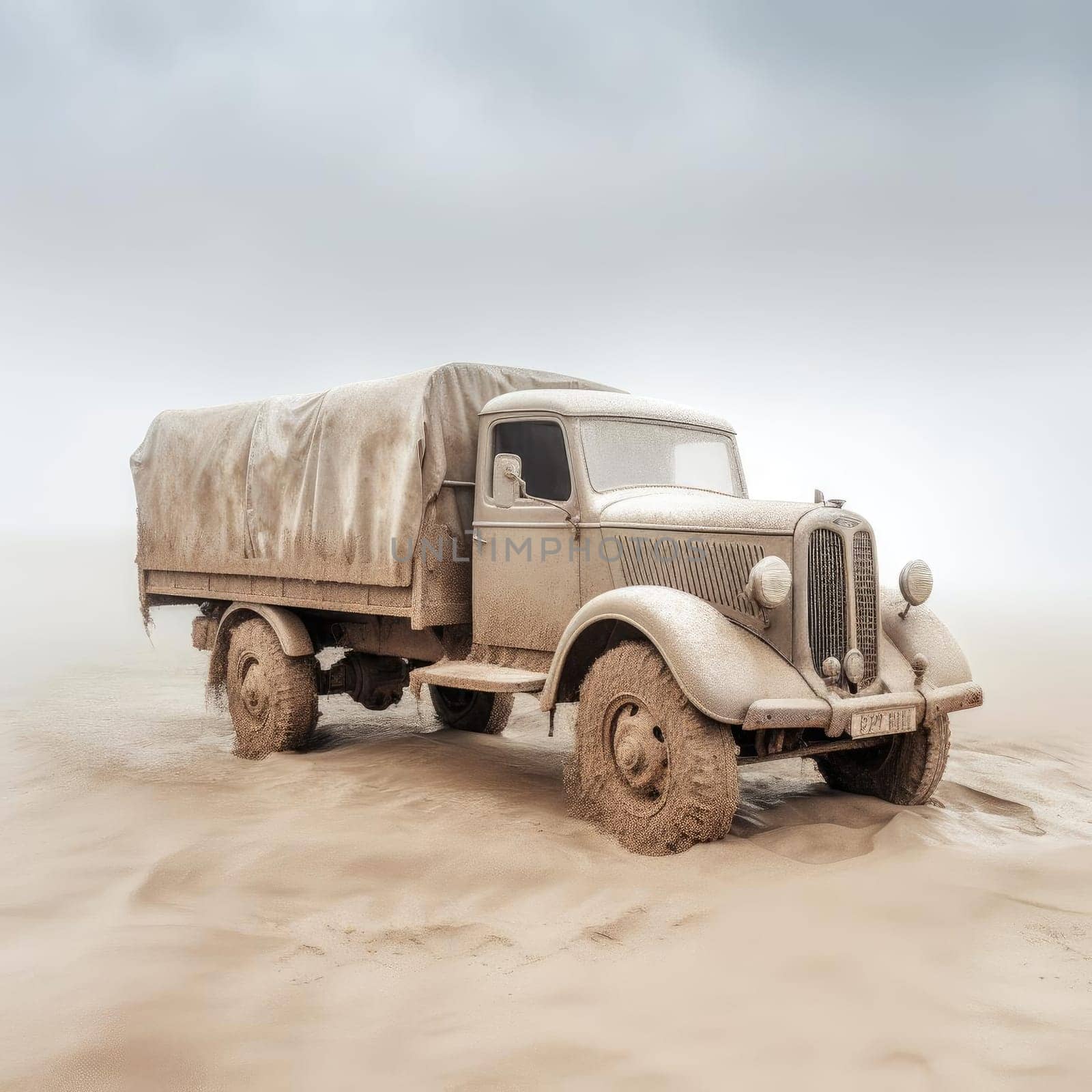 Old truck in the desert on a foggy day (ID: 001669)