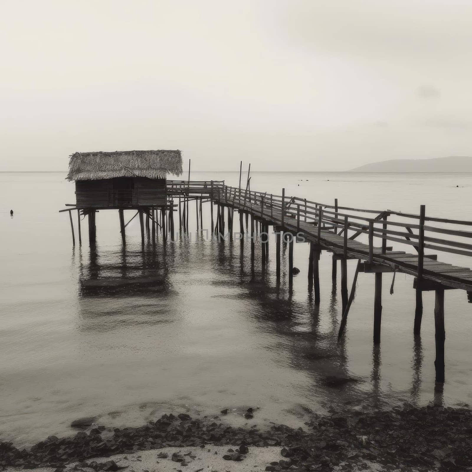 Old wooden pier in the sea - black and white (ID: 001671)