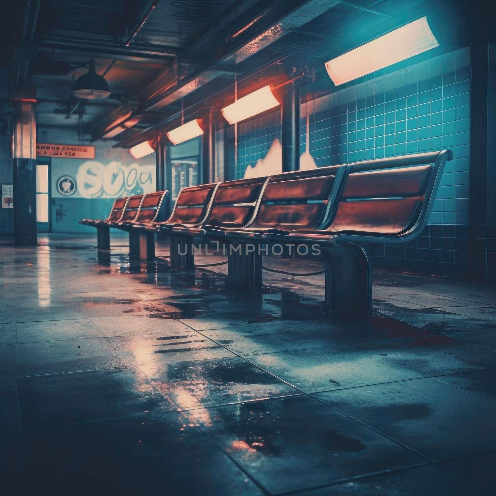 Bench in a subway station, vintage toned, retro style by eduardobellotto