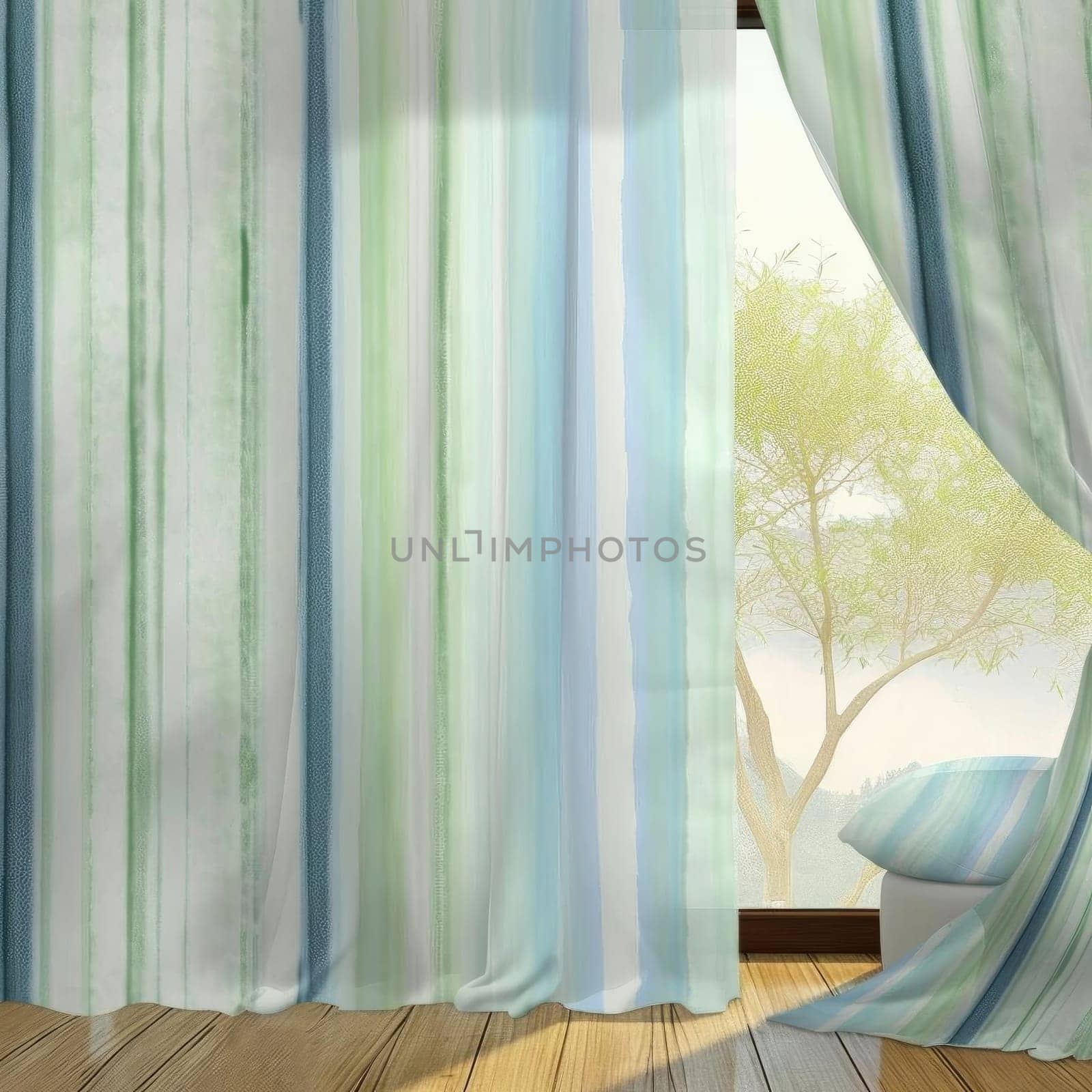 White, green, anb blue curtains in the room (ID: 001687)