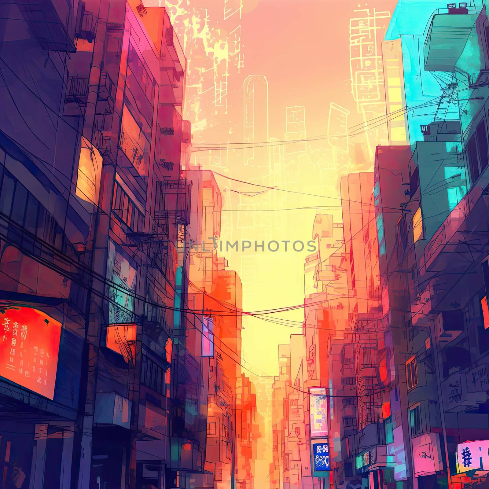 Digital illustration of a street in the city at sunset (ID: 001692)