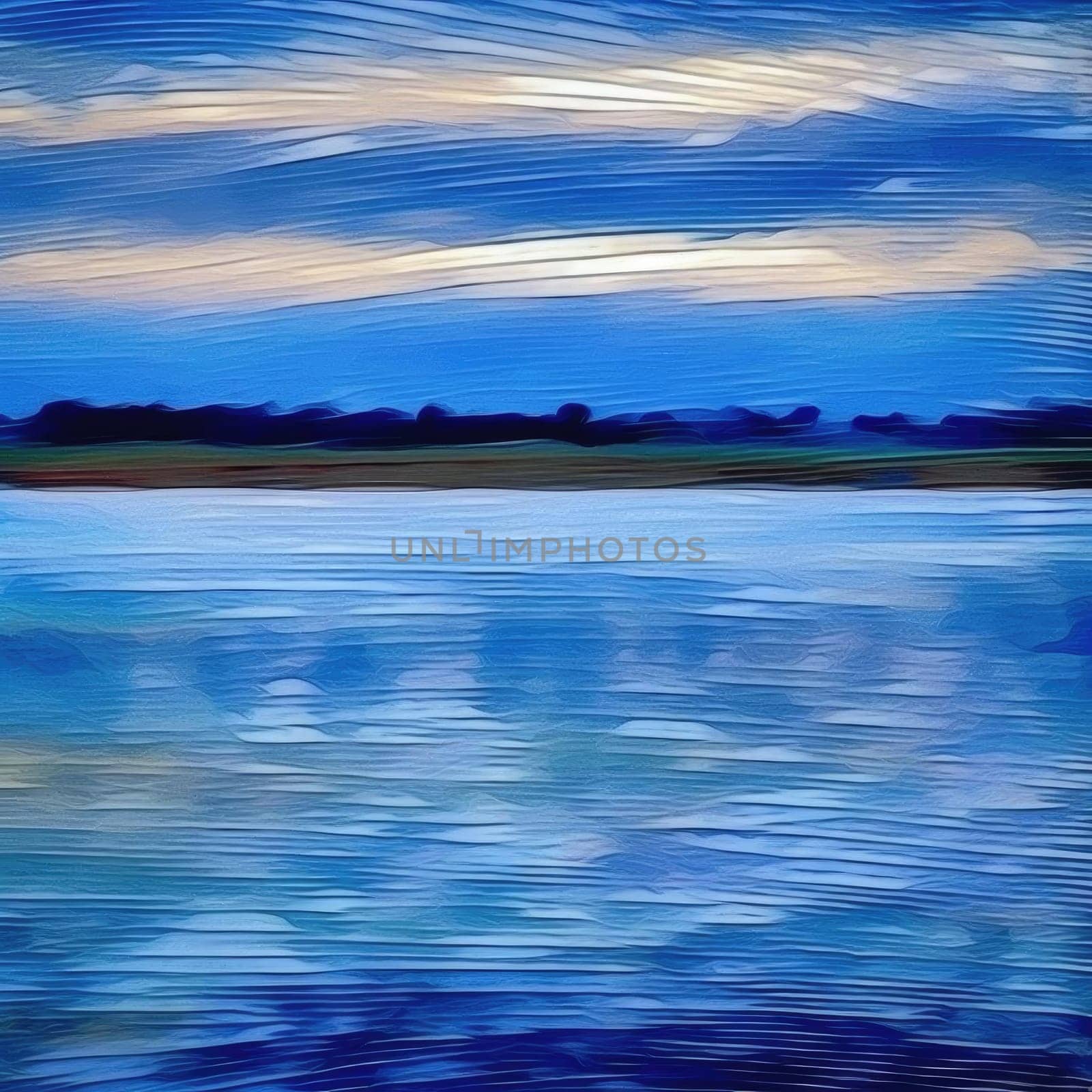 Blue sea water background with blue sky and clouds - digital painting (ID: 001707)