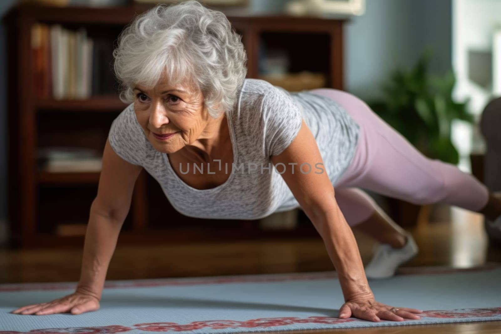 happy elderly woman doing push ups, AI Generative